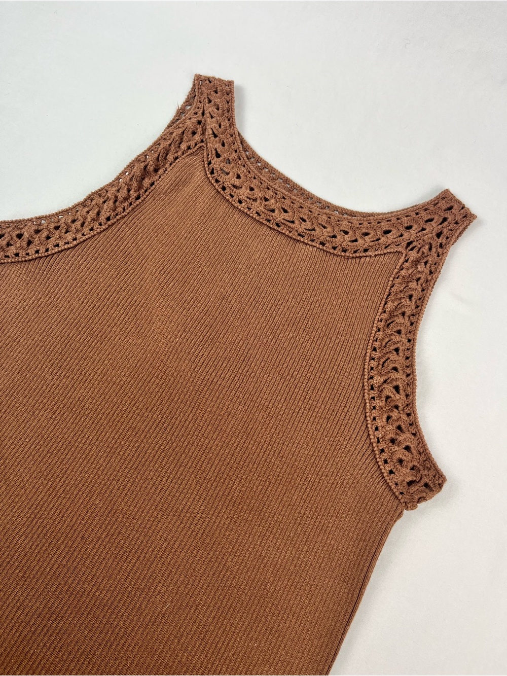 Vintage Y2K Grace Elements Brown Ribbed Tank Crochet Trim Bohemian Cottagecore - Picture 4 of 8